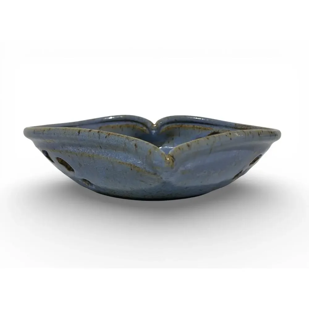 Kathy Veverka Handcrafted Pottery Heart Bowl Blue wPink Accents 8.25x7.5 Concave